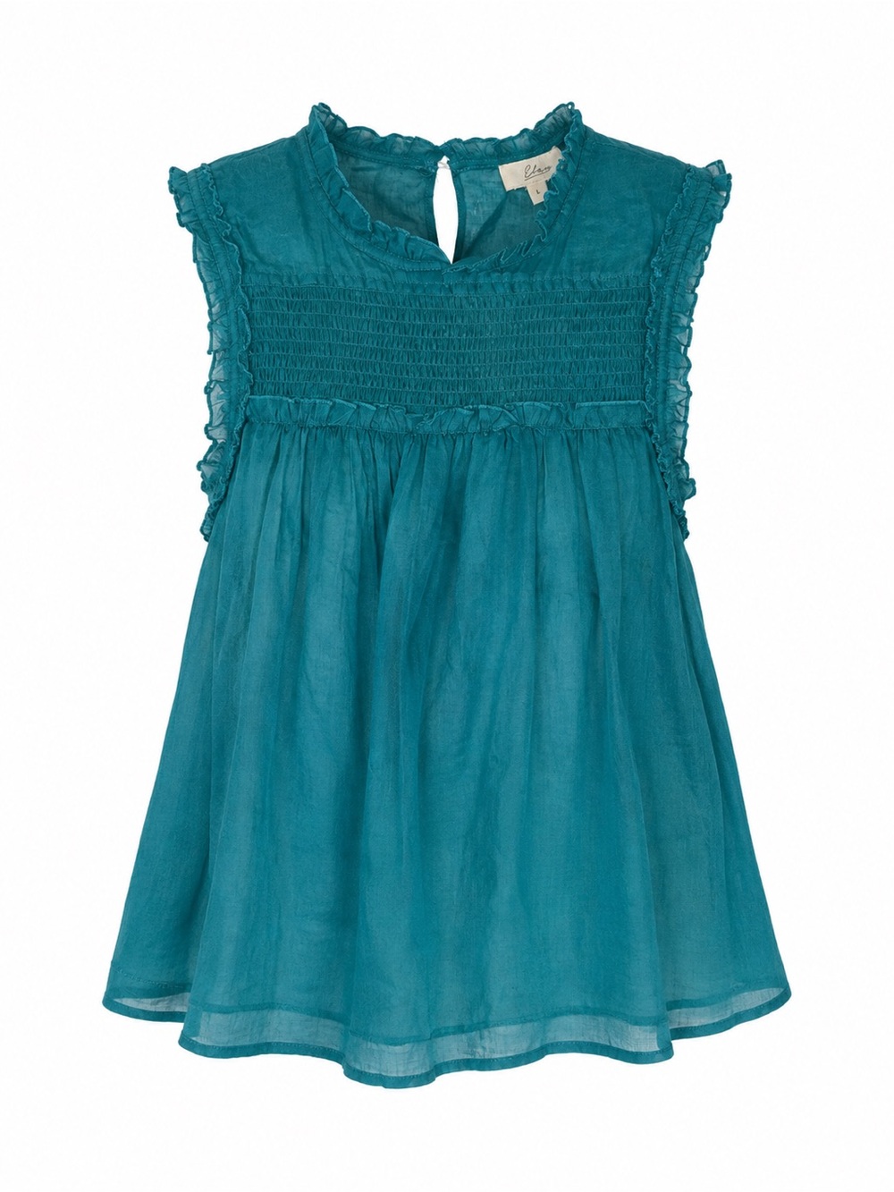Elan NWT Teal Smocked Ruffle Babydoll Blouse Size L Ramie Boho Top